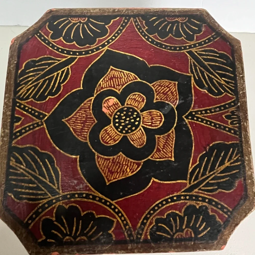 Vintage Hand Painted Wooden Octagonal Jewelry Box Red Black Gold Floral Folk Art